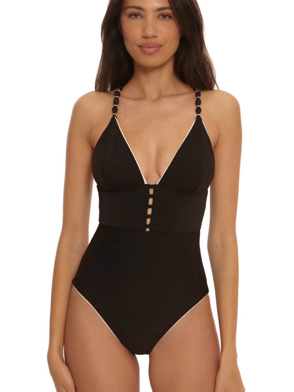 NWT Trina Turk Corinth Ribbed One Piece Swimsuit Black White 12